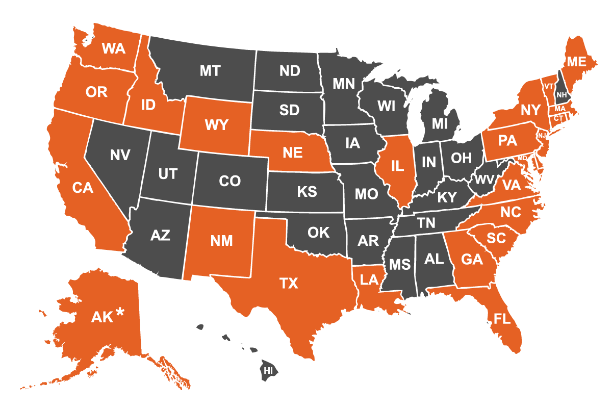 Map of American States available for delivery