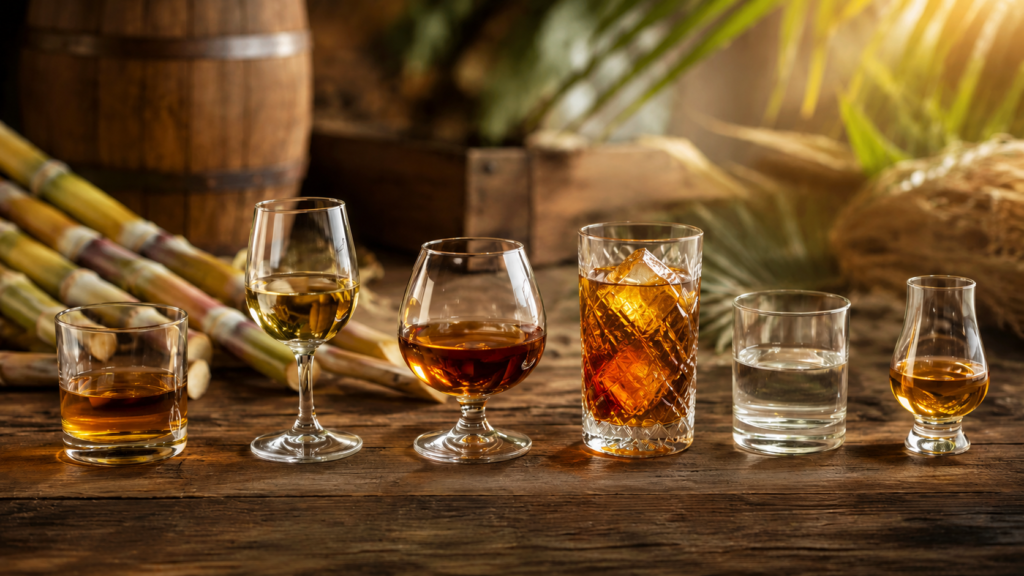 Six verres de rhum aux formes et couleurs différentes posés sur une table en bois avec des tiges de cannes à sucre à l'arrière plan