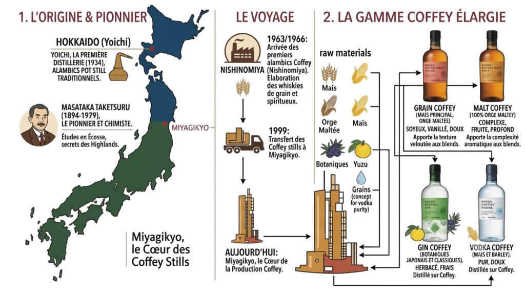 Un graphique décrivant l'histoire de Nikka et des produits distillées dans la colonne Coffey