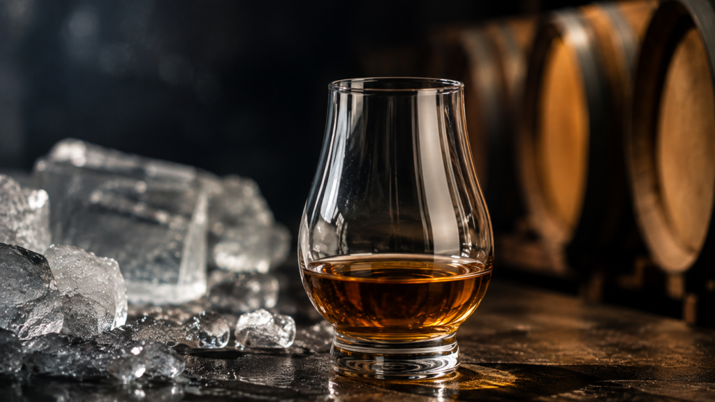 verre de whisky posé sur une table dans un chai avec de la glace a côté