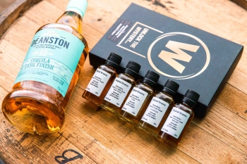 An image showing the five 3cl samples that come with the Digital Drams Deanston, along with a picture of the Deanston Tequila Cask 70cl