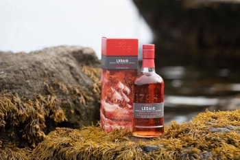 A bottle of Ledaig Sinclair (one of our Whisky Wednesday Deals) on a seaweed covered rock, in front of a docked ship. 