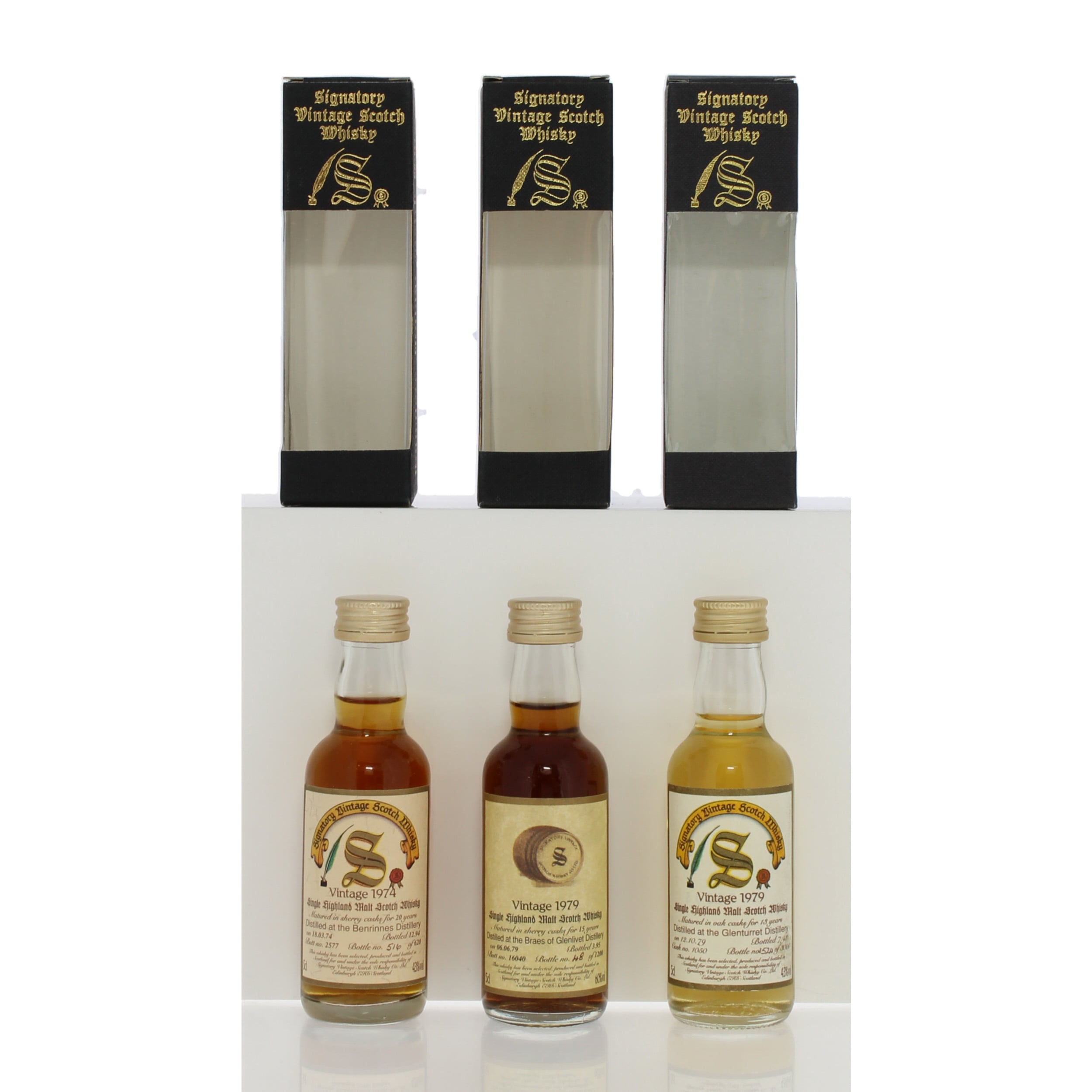 Benrinnes 1974 20 Year Old Single Cask #2577, Glenturret 1979 13 Year Old Single Cask #1050 & Braes of Glenlivet 1979 15 Year Old Single Cask #16040 Signatory Vintage Miniatures
