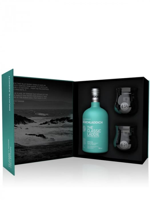 Bruichladdich The Classic Laddie Scottish Barley Gift Pack with two branded whisky glasses