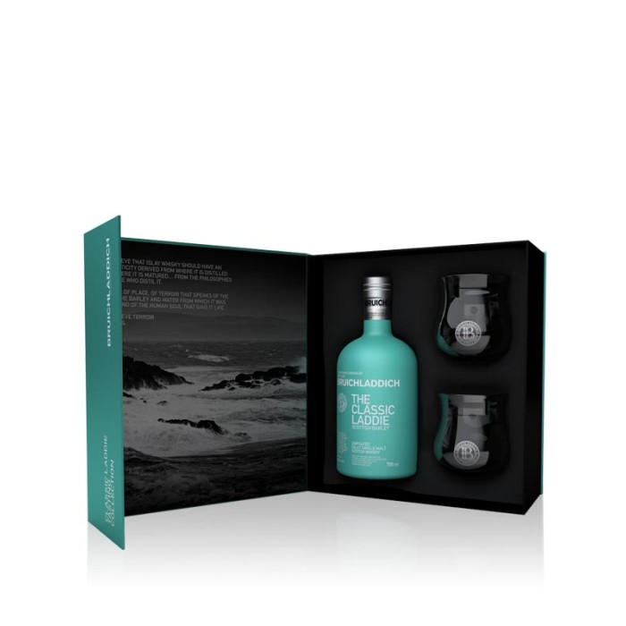 Bruichladdich The Classic Laddie Scottish Barley Gift Pack with two branded whisky glasses