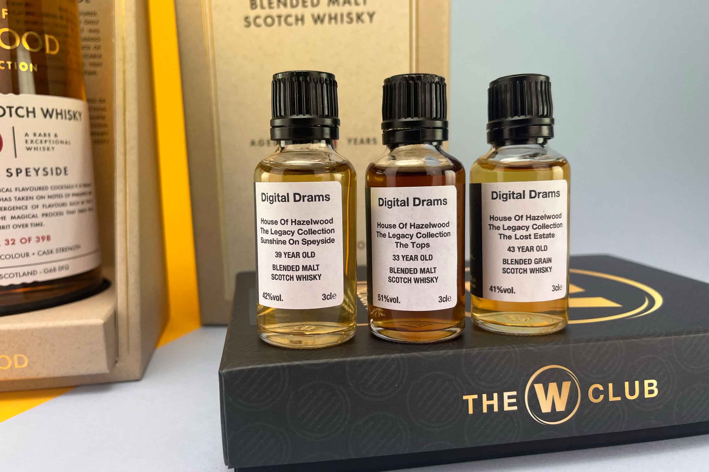 An image showing the three 3cl samples that come with the Digital Drams House of Hazelwood tasting pack.